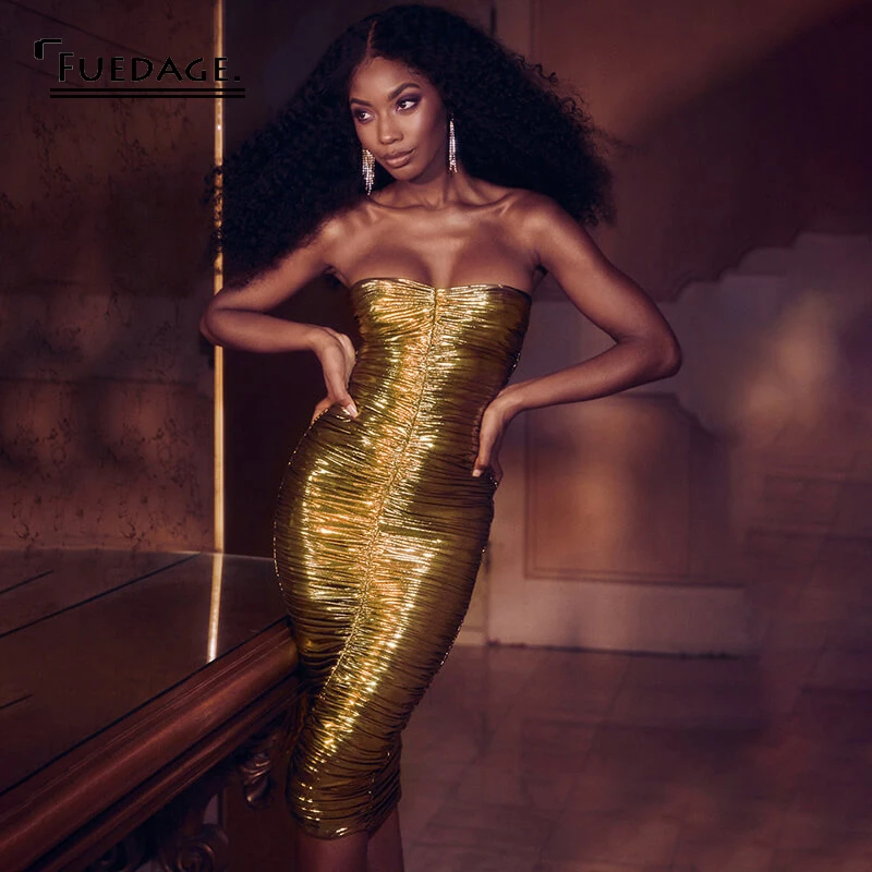 Fuedage пикантное Золотое Платье из искусственной кожи женское облегающее платье с