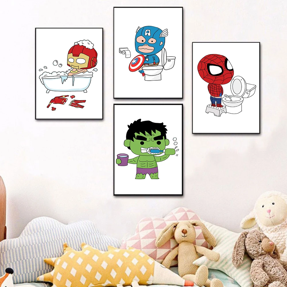 

Marvel Comics Superhero Spiderman Iron Man Hulk Lovely Cartoon Bathroom Canvas Painting Funny Poster Kids Room Mural Decoration
