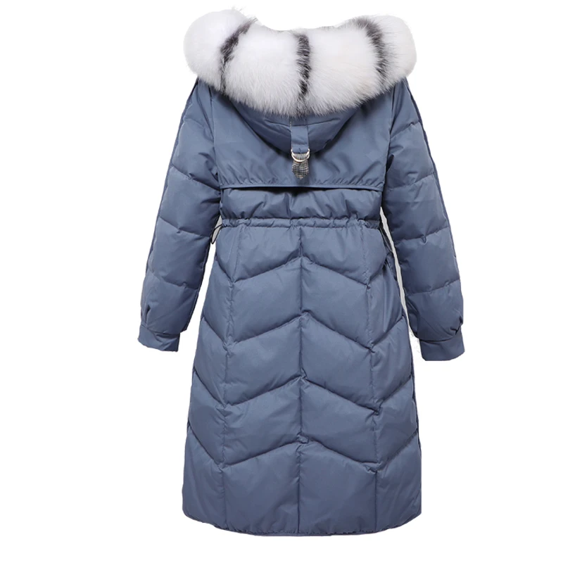 Женская длинная куртка на утином пуху теплая с капюшоном из натурального Лисьего