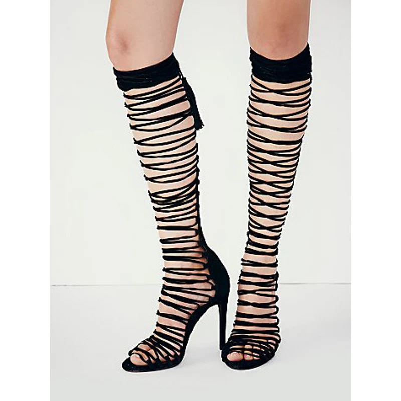 Jual Bohemian Rumbai Wanita Gladiator Sandal Pantai Musim Panas Datar Des Sandales Hollow Keluar Lutut Tinggi Sepatu Wanita Sepatu Stiletto Pompa