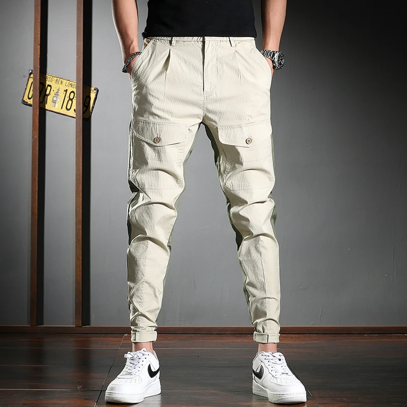 

Summer Men Casual Cargo Pants Fashion Khaki Green Patchwork Slim Fit Trousers