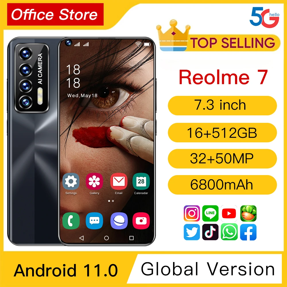 

Top Selling Xiaom 7.3 Inch Reolme7 32MP 50MP 16GB 512G 6800mAh 10 Core Android 11 Face ID Mobile Phone Snapdragon 888 Smartphone