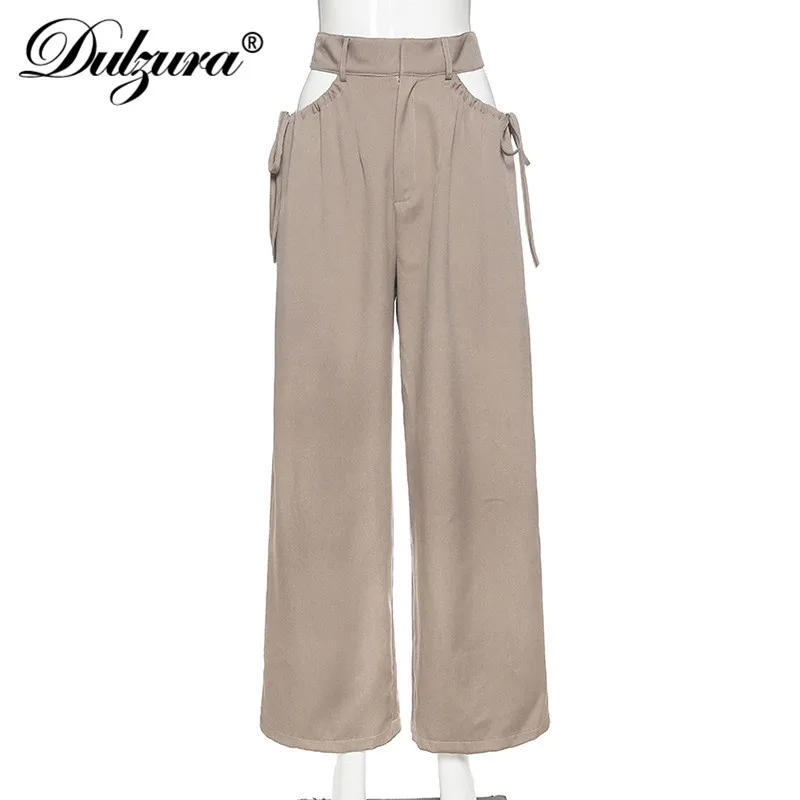 

Dulzura hollow out women wide leg pants high waist loose drawstring ruched streetwear casual solid trousers straight Harajuku