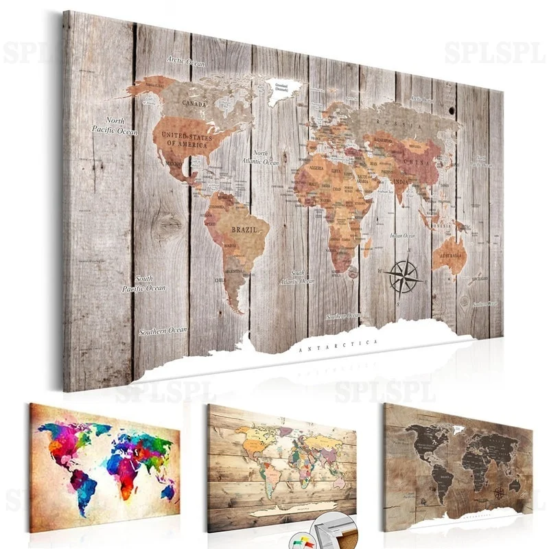 

Wood World Map Wall Art Antique Canvas Painting Posters and Prints Old Pictures for Living Bedroom Cuadros Decoracion Salon