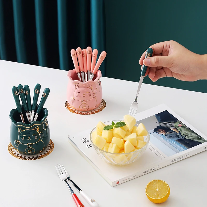 

304 Stainless Steel Fruit Fork Set High-end Household Cake Fork Dessert Spoon Storage Jar Creative Fork Fu Cat