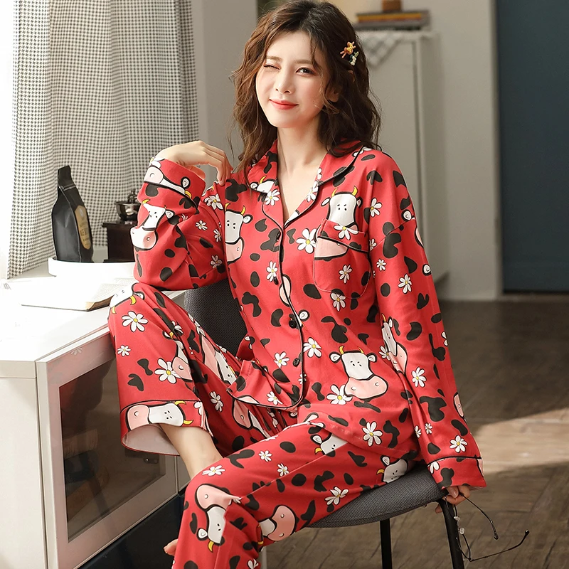 

New Autumn Winter Cotton Women Pajamas Set Cartoon Pyjamas Womens Long Sleeve Turn-down Collar Sleepwear Plus Size Homewear