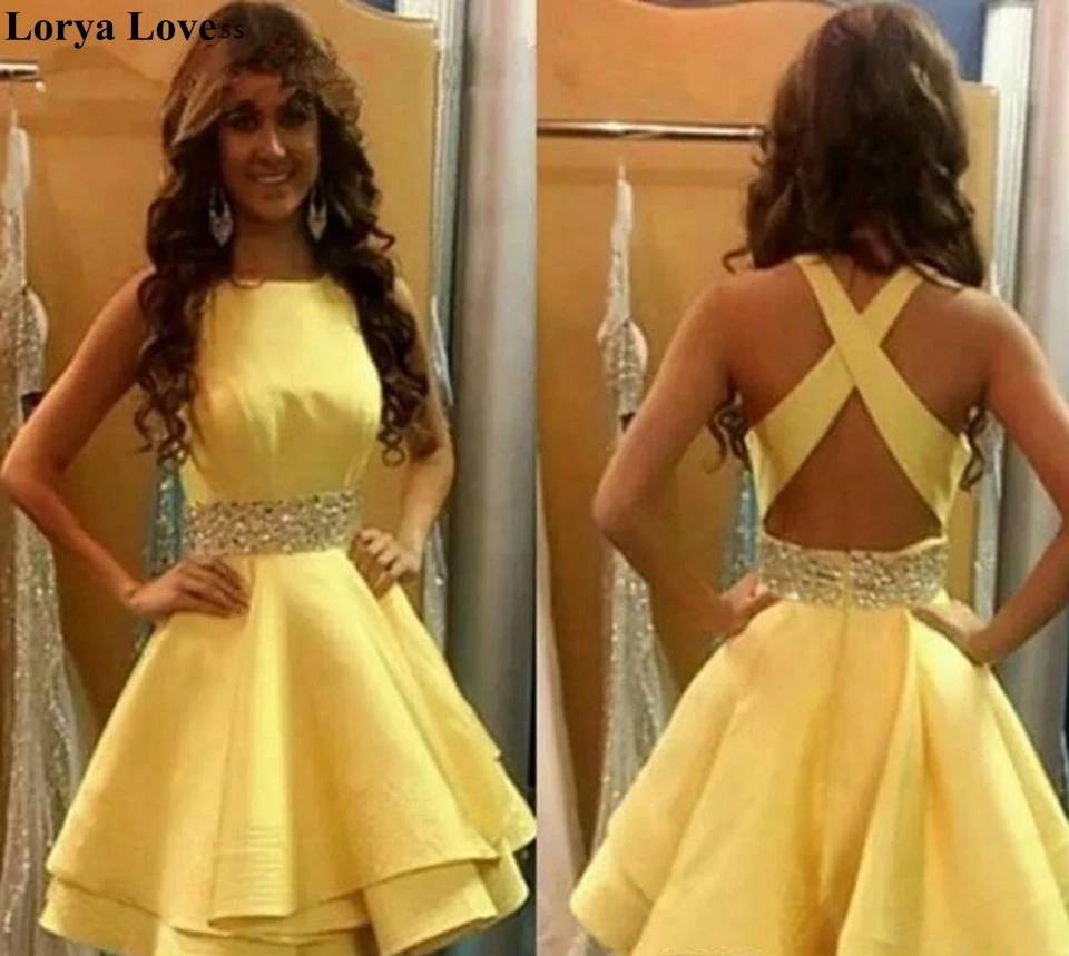 Yellow Cocktail Dresses 2022 Sexy Short Prom Dress Homecoming Gowns Ruffles Beading Crystal Women Elegant Graduation Party Dress