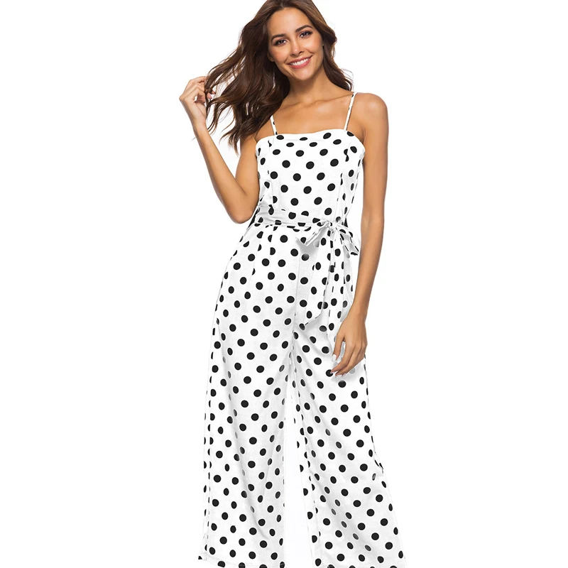 Gplus, весенний винтажный комбинезон с поясом и бантом в горошек, женский комбинезон на высокой талии без рукавов, женский комбинезон с широкими штанинами размера плюс - Цвет: Белый