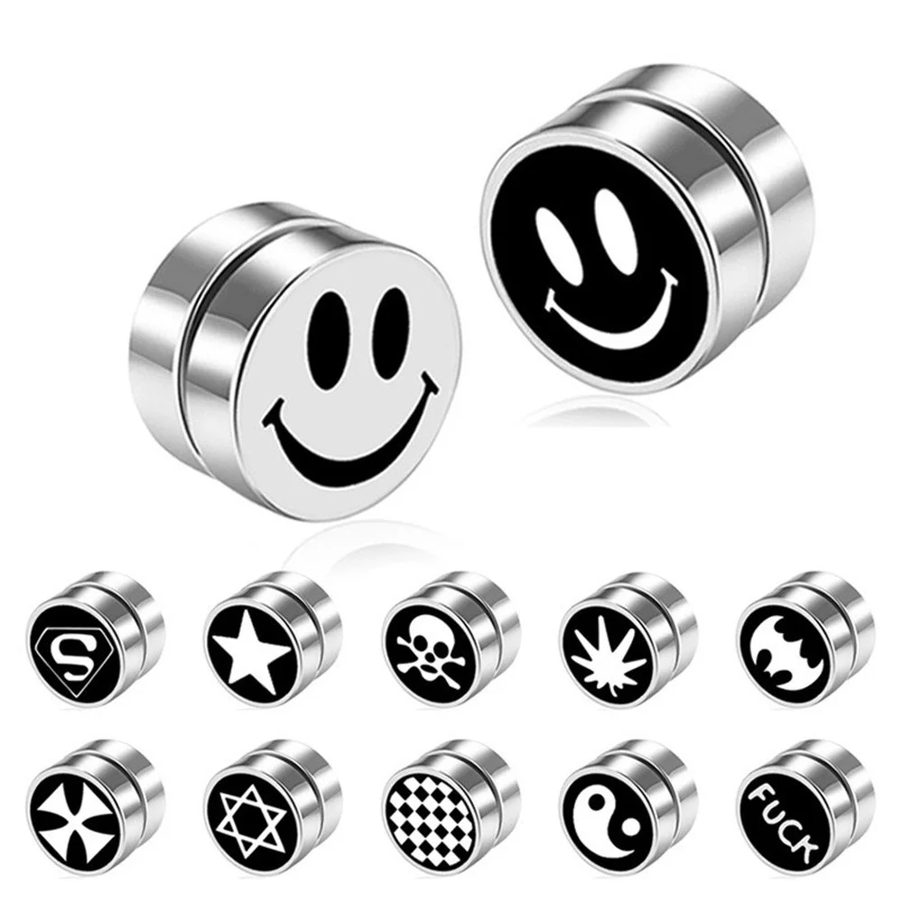 

Without Piercing Men Magnet Ear Clip Earrings Punk Stainless Steel Fake Earring Clip Cuffs Smiley Skeleton Skull Non Pierced