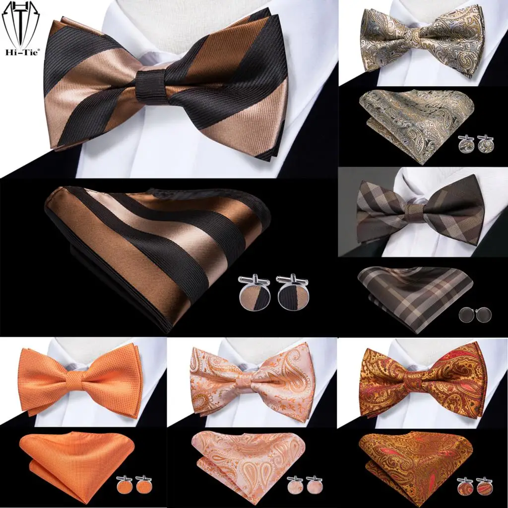 

Hi-Tie Silk Mens Bowtie Adult Brown Orange Striped Paisley Bow Tie Hanky Cufflinks Pre-tied Men Butterfly Bowknot Business Party