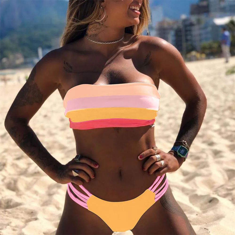 Women Swimwear Colored Stripes Bikini Set Colorful Striped Summer Bandage Push Up Swimsuits Brazilian Biquini Beachwear | Мать и ребенок