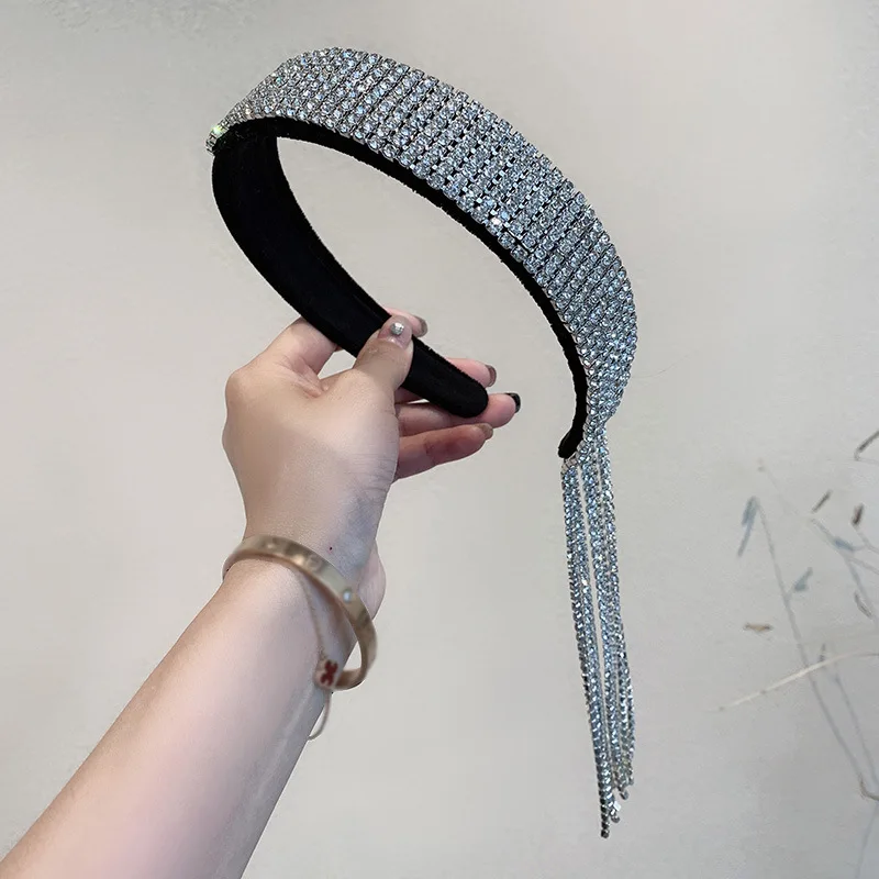 

Minar Dainty Bling Bling Full Rhinestones Long Tassel Hairbands for Women Lady Black Velvet Wide Brimmed Hair Band Accessories