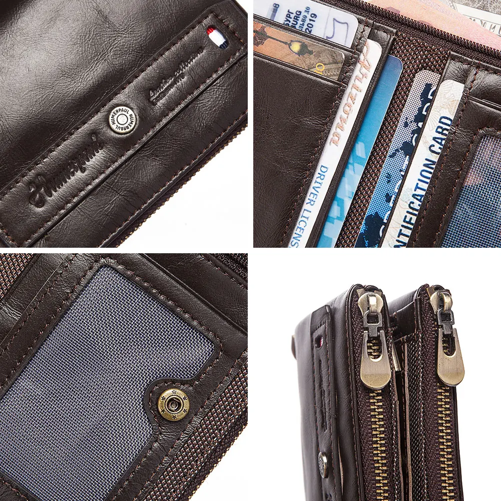 Coffee Genuine Leather Short Men Wallets Hasp Zipper Purse Solid Slim Male Walet Luxury Bank Card Holder Travel Coin Bags images - 6