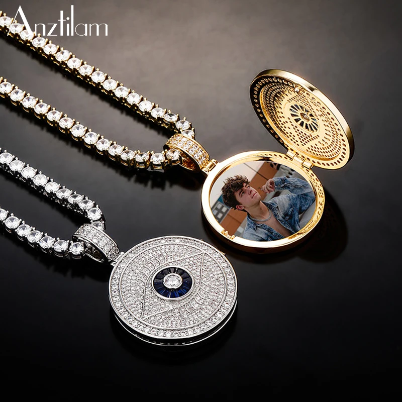 

AZ Hip Hop Custom Photo Made Necklace Gold Color The Eye Of God Round Pendants With AAA+ Cubic Zircon Stone Rock Jewelry For Men