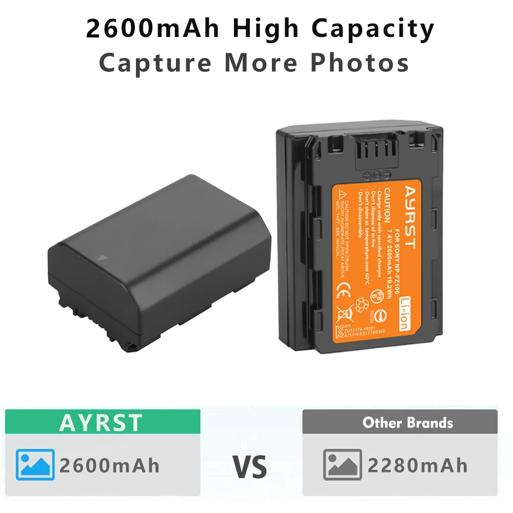 Аккумуляторная батарея для камеры Sony NPFZ100 Z-Series Alpha A7 III A7R A9 A9R A9S A6600 2600 мАч |