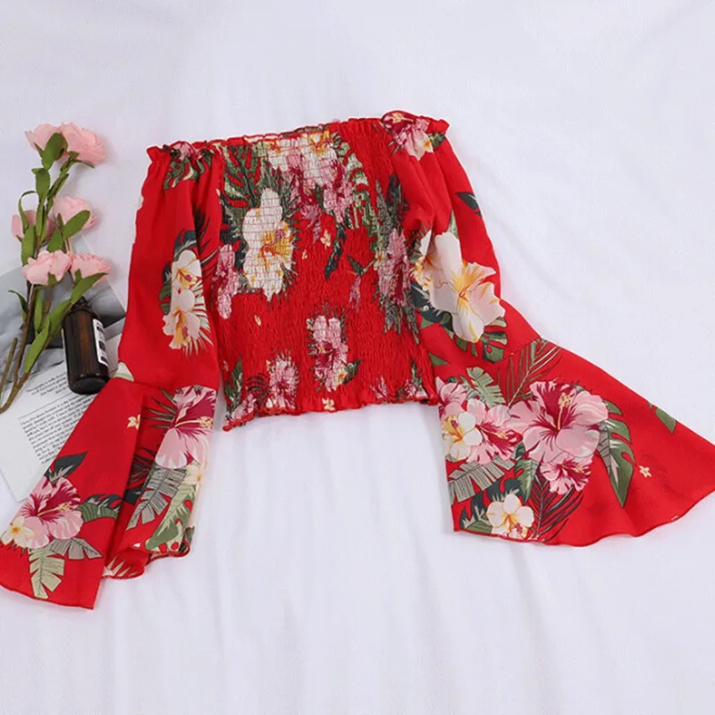 

Sexy Slash Neck Women Chiffon Blouses Floral Printed Flare Long Sleeve Womens Tops and Blouses Female Casual Crop Tops