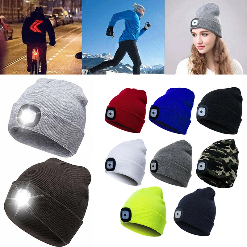 

LED Lighting Knit Hat Solid Color Woolen Head Lamp Hat Autumn and Winter Night Fishing Outdoor Hat with 3 Gears Button Battery