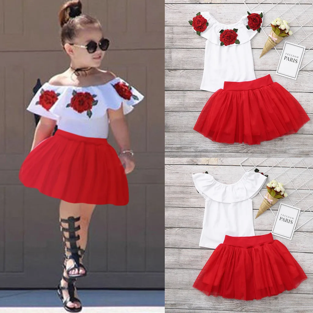 Одежда для маленьких девочек летние топы с открытыми плечами и вышивкой розы + однотонные фатиновые юбки