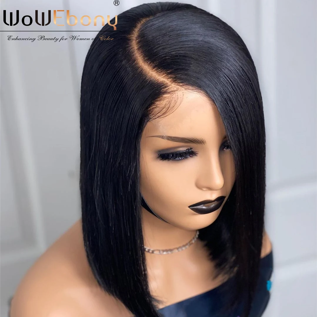 Murah WoWEbony Wig Lurus Bob Renda Depan Brasil Halus Lurus Remy 13X1 T Bagian Renda Wig Depan Pra Dipetik Shory Wig 180%