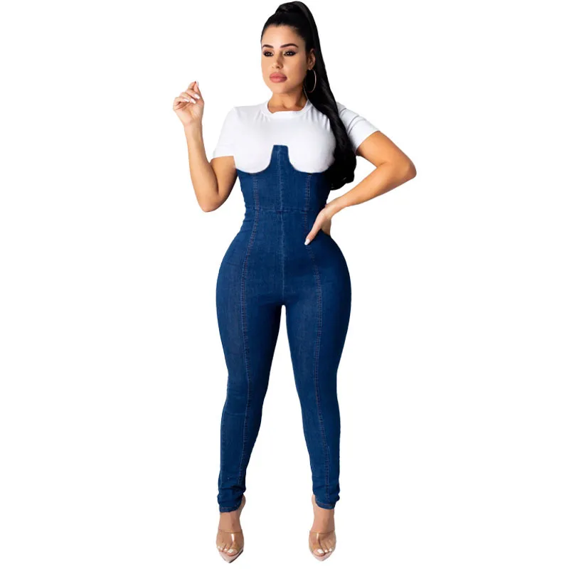 

Women's jumpsuits Fashion bag hip pants stitched high-waisted denim jumpsuits