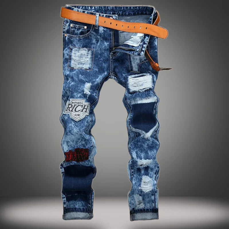 

New Men's Fashio Slim-Fit Ripped Jeans Male Painted Patch Beggar Trousers Jumbo Men Hip Hop Classic Casual Denim Pants