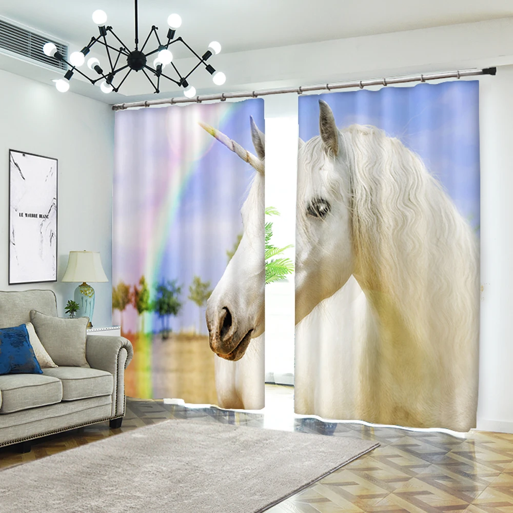 

Perforated Hook 3D Blackout Curtains Buff White Unicorn Fantasy Custom Full Sunscreen Windows Bedroom Living Room Decoration