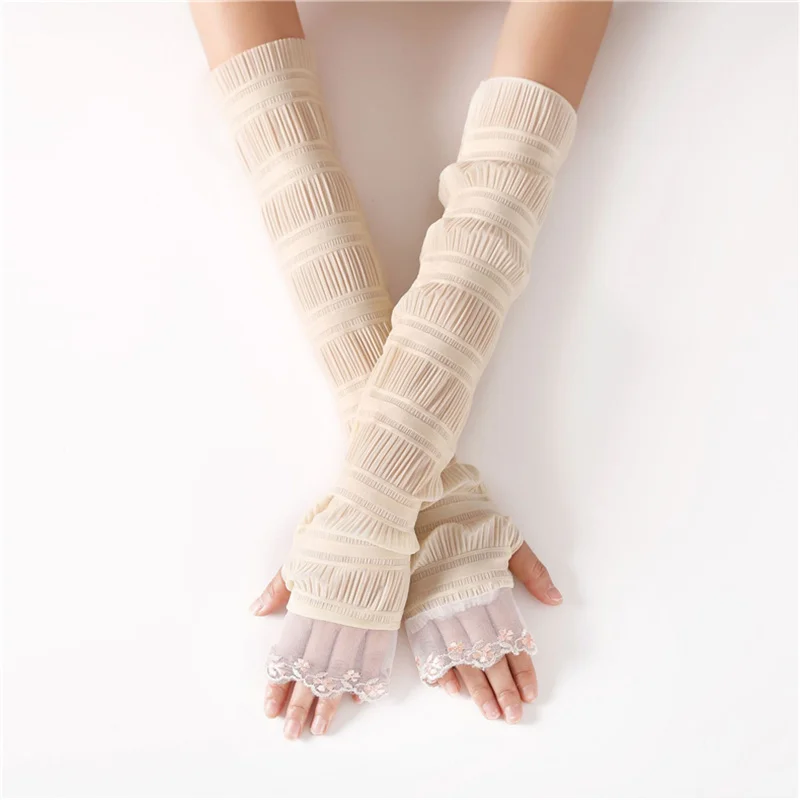 Sparsil Ladies Summer Lace Solid Long Gloves Thin Breathable Sunscreen Driving Sleeve Mittens Elegant Fingerless Female Gloves - Цвет: Apricot