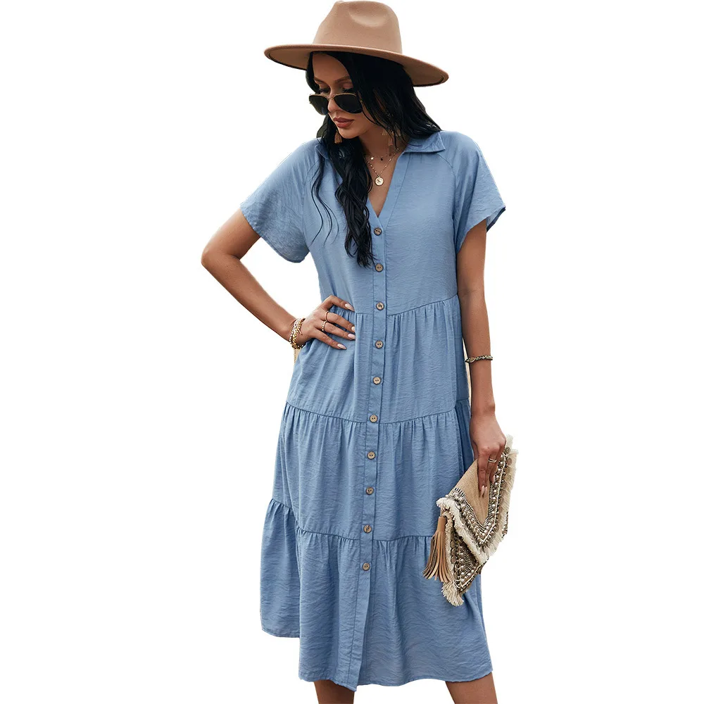 

V-neck Dress 2021 Summer New Solid Color Midi Dress V-neck Sexy Mori Girl Casual Vacation Dress
