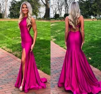 2020 modest fuchsia mermaid prom dresses cheap high side split evening gowns long plus size open back formal evening gowns