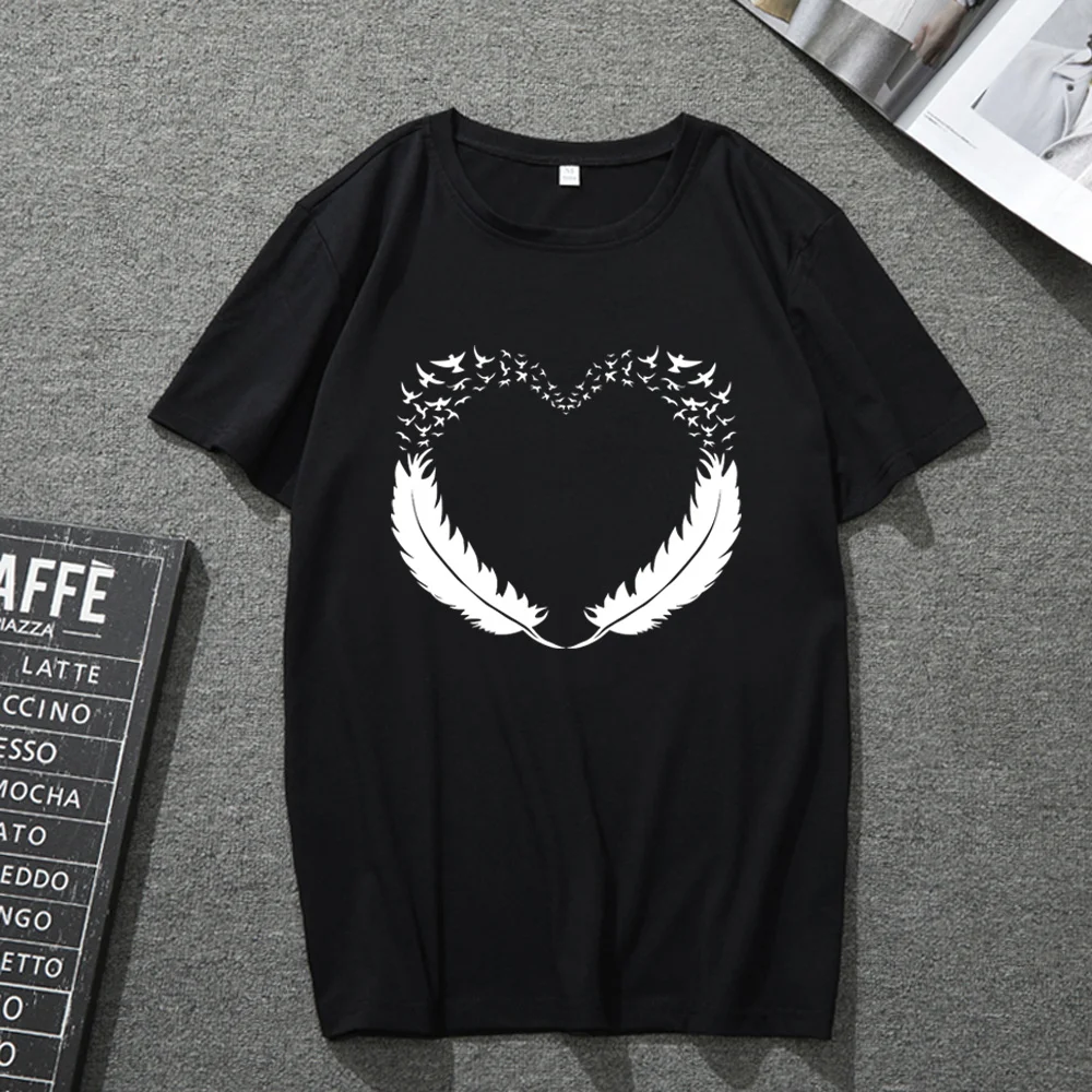 

T-shirt Men and Women Personality Feather Pattern Creative Printing Women's Slim Black Top Men's Casual Breathable T-shirt