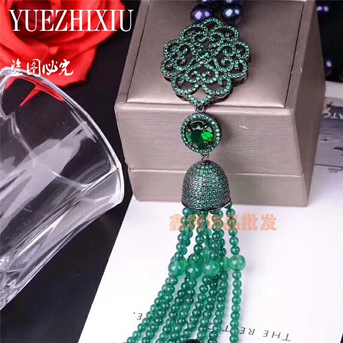 AAA 8-9mm natural tahitian black pearl necklace   buckle long chain flower necklace green jade tassel hanging 30inch