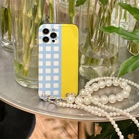 ins style pearl bracelet phone case for iphone 7 8 plus yellow grid 11 12 pro max luxury fashion x xr xs max soft silicone case