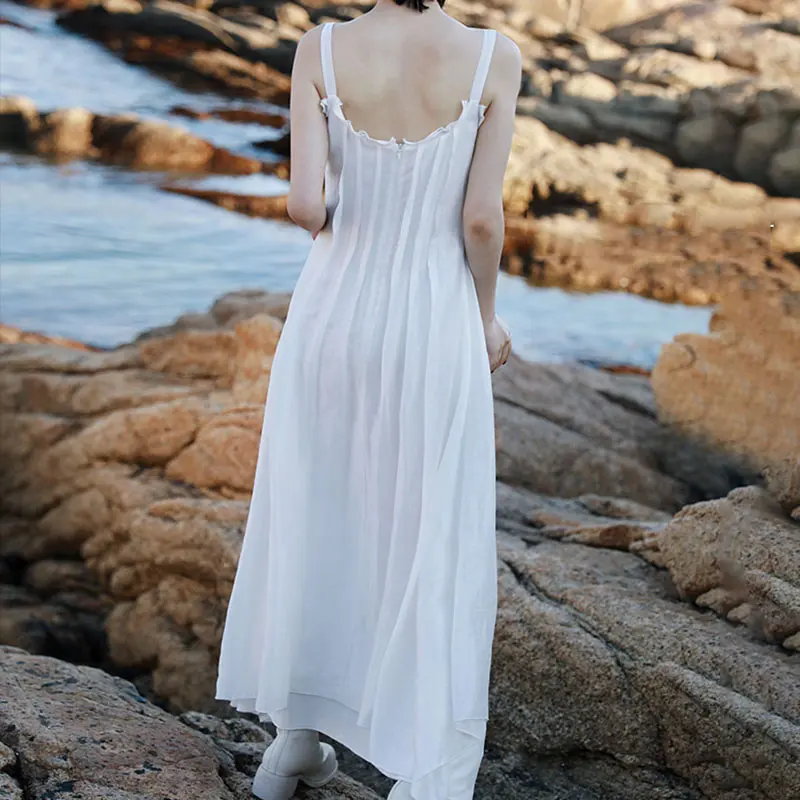 

XITAO Adjustable Lace Shoulder Strap Dress Patchwork Summer New Fashionable Irregular Sleeveless Pleated White Dress WMD1162