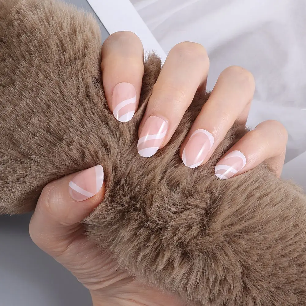 

24pcs/Box White Detachable Artificial Full Cover French Almond False Nails Wearable Nail Tips Fake Nails