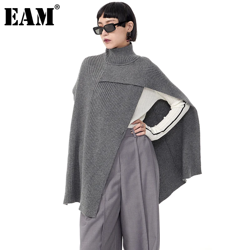 

Женский трикотажный свитер EAM, серый асимметричный Свободный пуловер с высоким воротником и длинным рукавом, Осень-зима 2021, 1DE3046