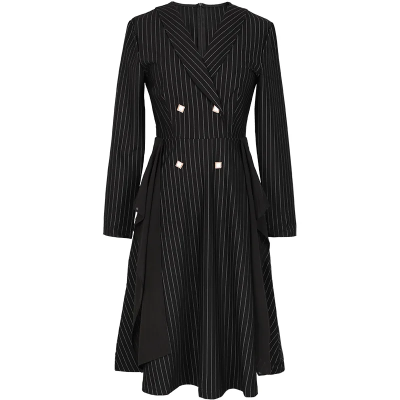 wreeima blue Stripe Women Dresses Office Lady Elegant Dress Turn-Down Collar Long Sleeve 2019 Autumn Button knee length | Женская одежда