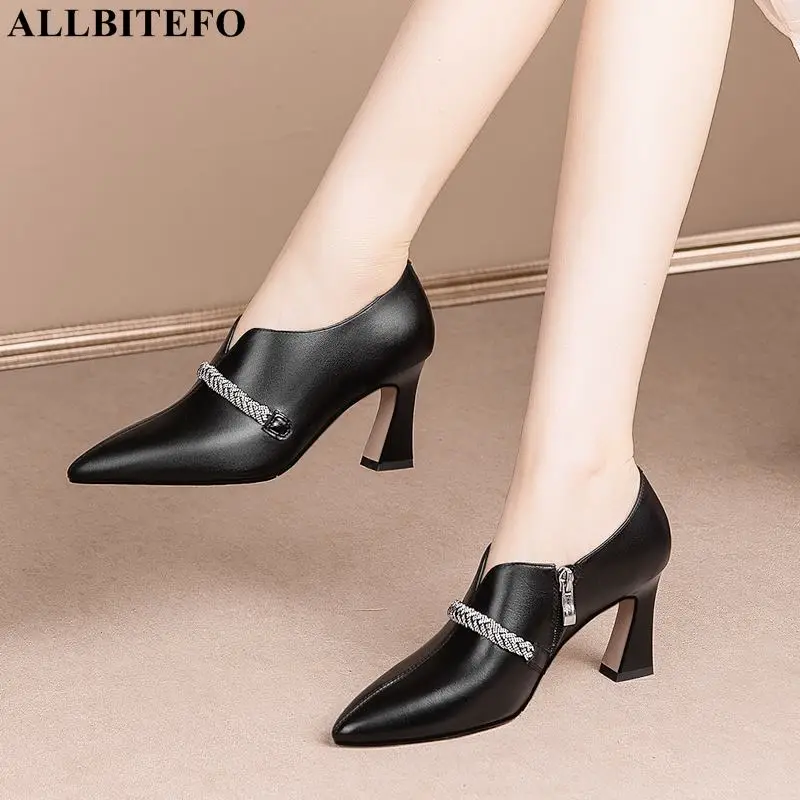 

Модные привлекательные туфли ALLBITEFO из натуральной кожи с ленточным дизайном для офиса и работы, офисные туфли на высоком каблуке, женские ту...