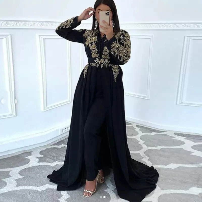 

Black Moroccan Caftan Evening Dress Elegant Lace Gold Appliques Long Sleeve Mermaid Prom Celebrity Gowns Formal Dress no Pant