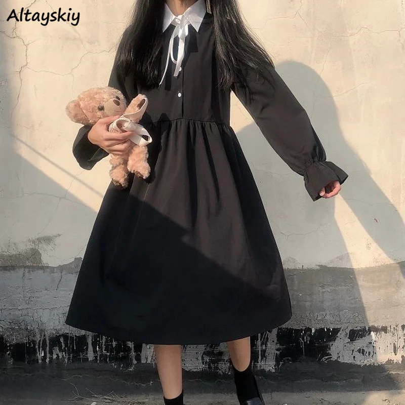 

Dress Women Long Sleeve Student Kawaii Pure Sweet All-match Loose Fashion Design Ladies Spring Leisure Retro Simple Soft College