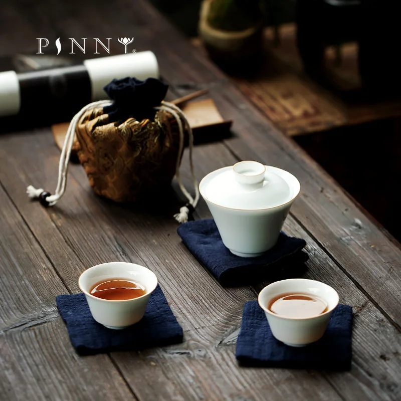 Чайный набор PINNY Jingdezhen из белого фарфора с мешком 1 Gaiwan 2 чашки Портативный чайный