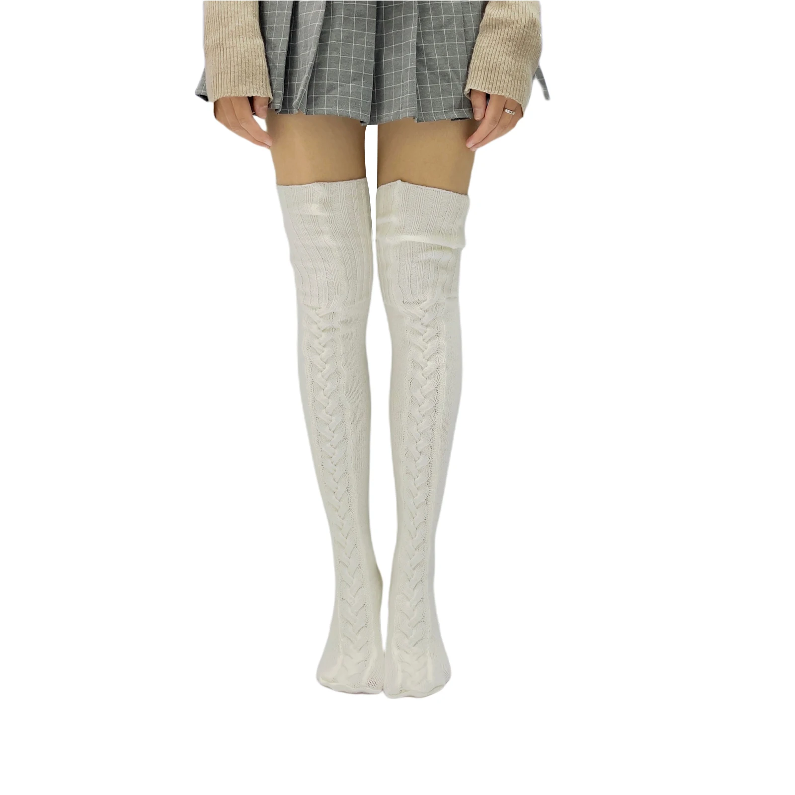 

Зимние женские теплые чулки до колен, однотонные вязаные чулки с переплетением, длинные носки-трубы для женщин