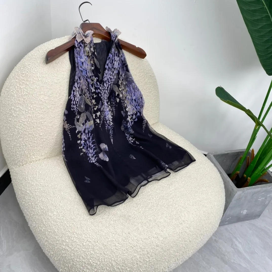 

2021 Summer New Arrival Butterflies Appliqued Sleeveless 100% Crinkle Silk Black Blouses Tops and Elestic Waist Midi Skirts Set