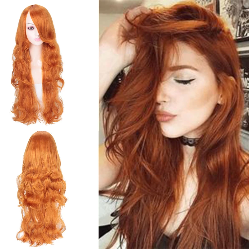 

Long wavy synthetic wig female natural part party hair heat-resistant side wig orange pink green wig