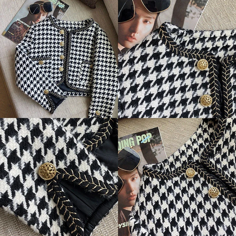 

Chic Houndstooth High Waist Cropped Jacket Womens Vintage Tweed Plaid Cardigan Coat Elegant Ladies Long Sleeve Korean Short Tops