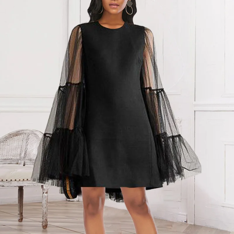 

Женское черное мини-платье в стиле пэчворк, Сетчатое прозрачное элегантное платье с длинным рукавом и круглым вырезом, соблазнительные жен...