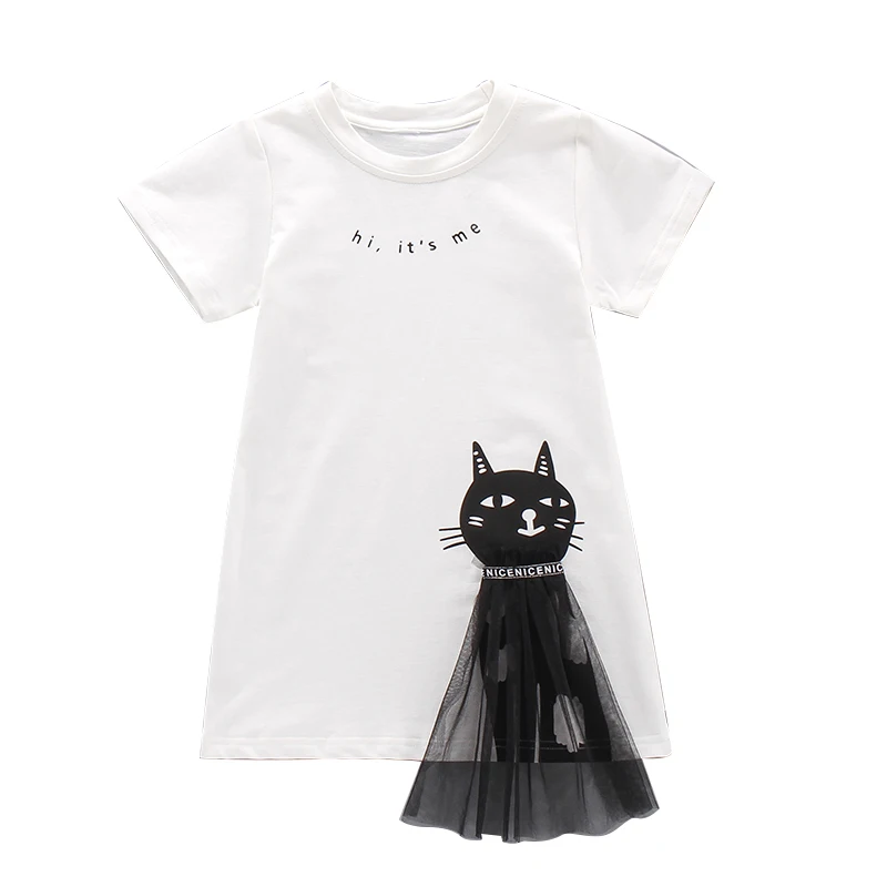 

Cat Pattern Straight Dresses for 3-13 Years Old Cotton Casual Children's Clothing Summer Cartoon Baby Kids Clothes Girls Dress