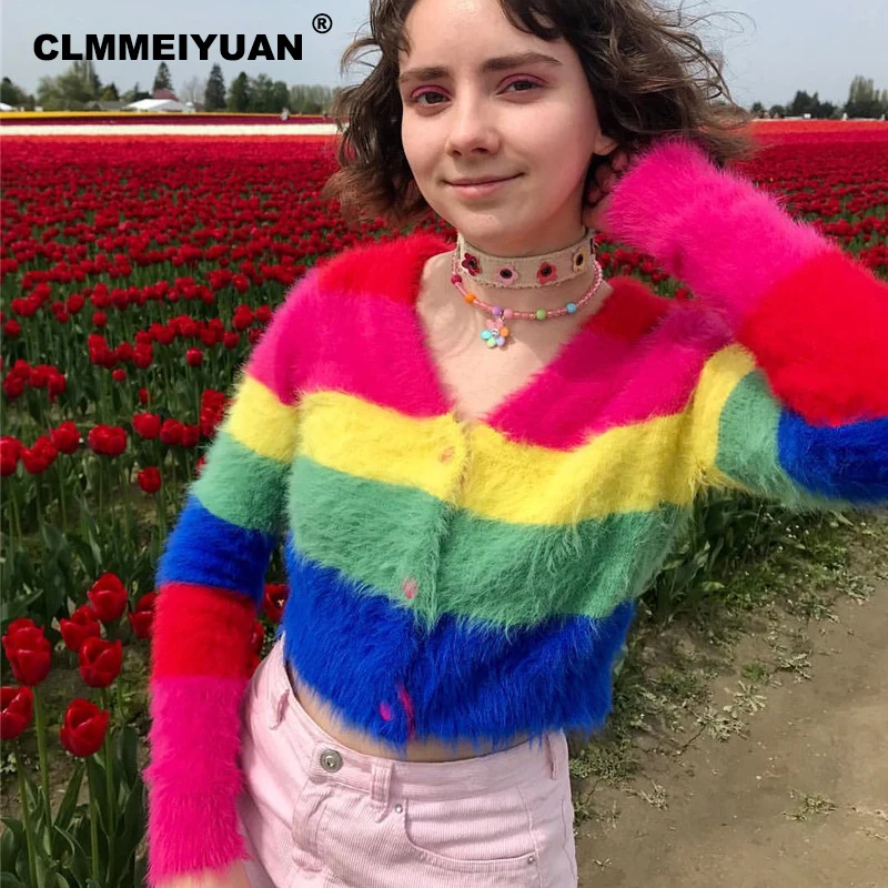 Ins стильный Радужный Укороченный кардиган женский свитер осень 2019 Harajuku Lazy Oaf