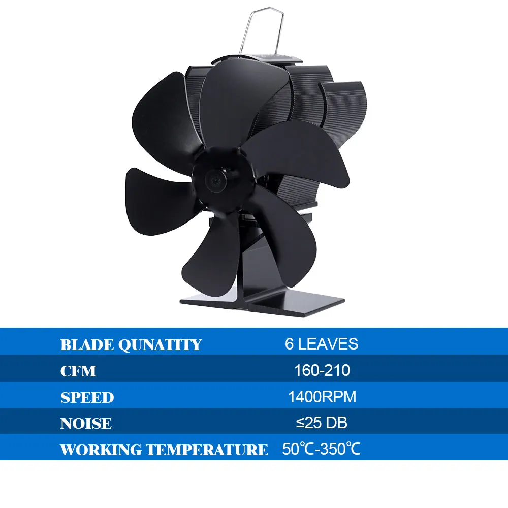 Black Fireplace Fan With 6 Blades Heat-powered Stove Fan No Battery or Electricity Required Log Wood Burner Eco Quiet Fan