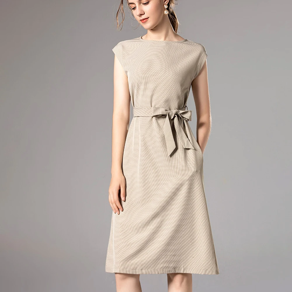 Vestido largo de primavera-verano para mujer, elegante vestido de corte recto con cinturón, cuello redondo, sin mangas, Color liso