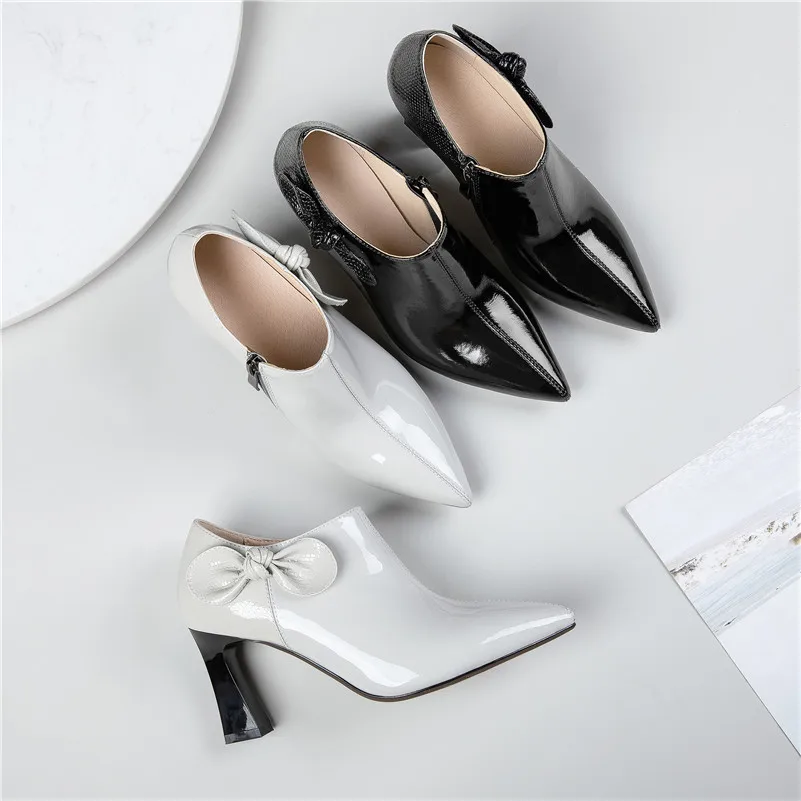 

Meotina High Heel Pumps Women Natural Genuine Leather Hoof Heels Fashion Shoes Bow Pointed Toe Zipper Female Footwear Spring 46